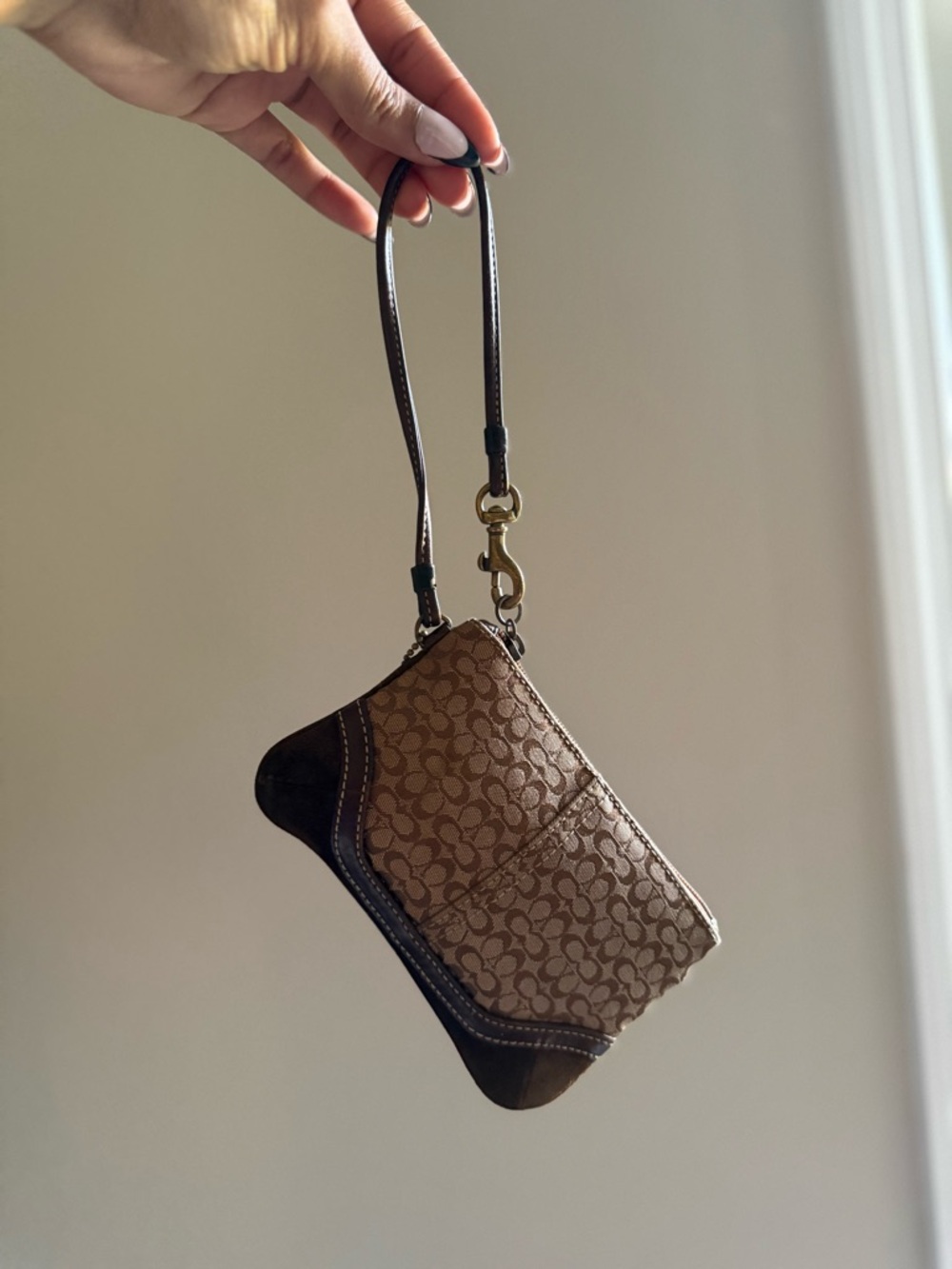 Coach Tan and Dark Brown Signature Canvas Wristlet with Gold Hardware